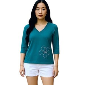 Icebreaker Merino Wool 3/4 Sleeve V-Neck Top Teal Blue Floral Graphic Size S